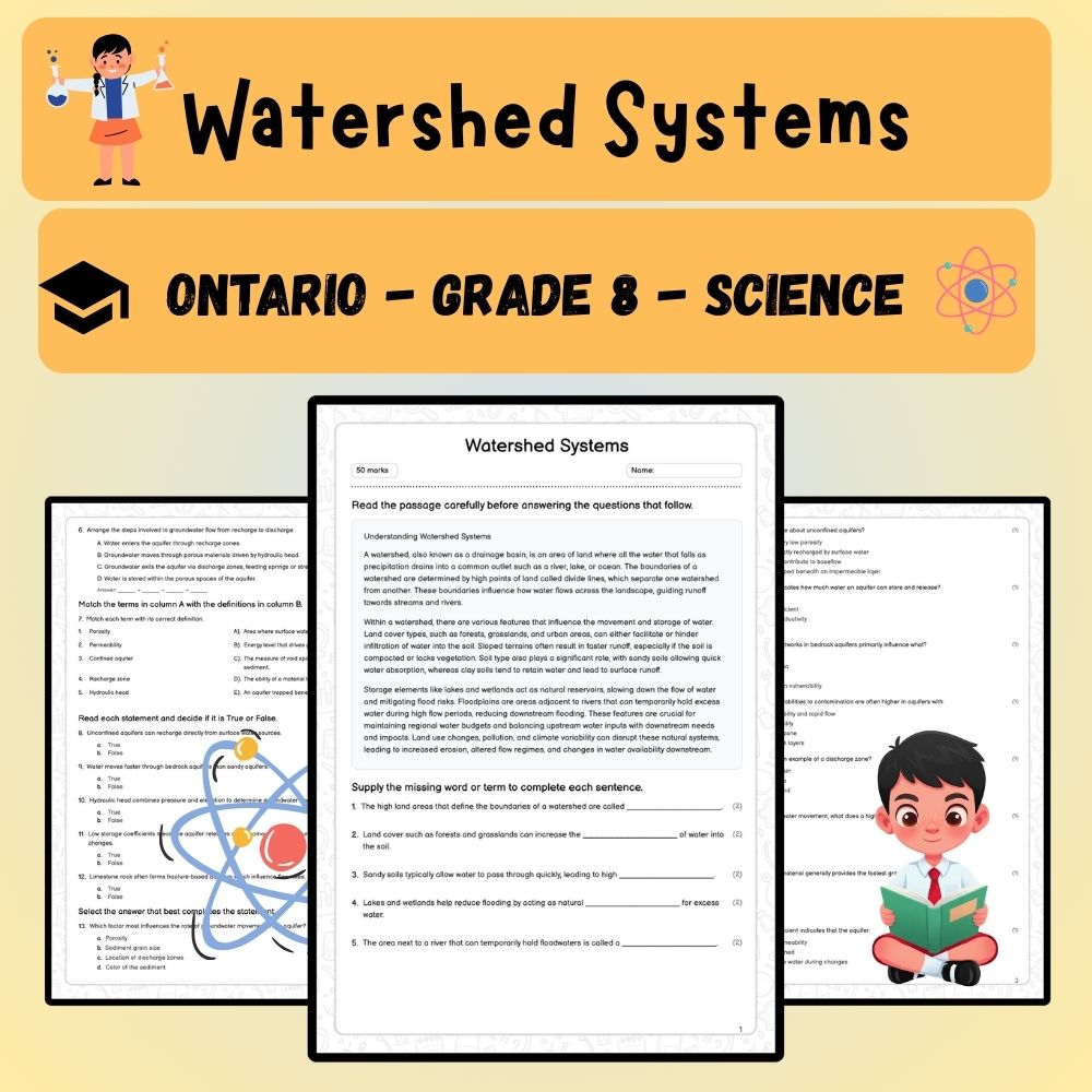 Grade 8 Science worksheet worksheet — Grade 8 Science | Watershed Systems Worksheet (PDF) – Ontario Standards — page 1