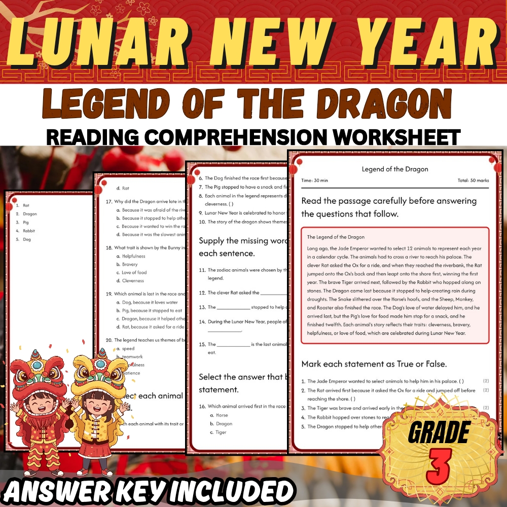 Grade 3 | Lunar New Year Worksheet for Legend of the Dragon | PDF + Answer Key