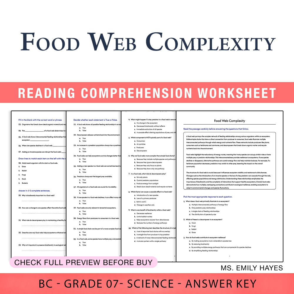 Grade 7 Science worksheet worksheet — Grade 7 Science | Food Web Complexity Worksheet (PDF + Answer Key) — page 1