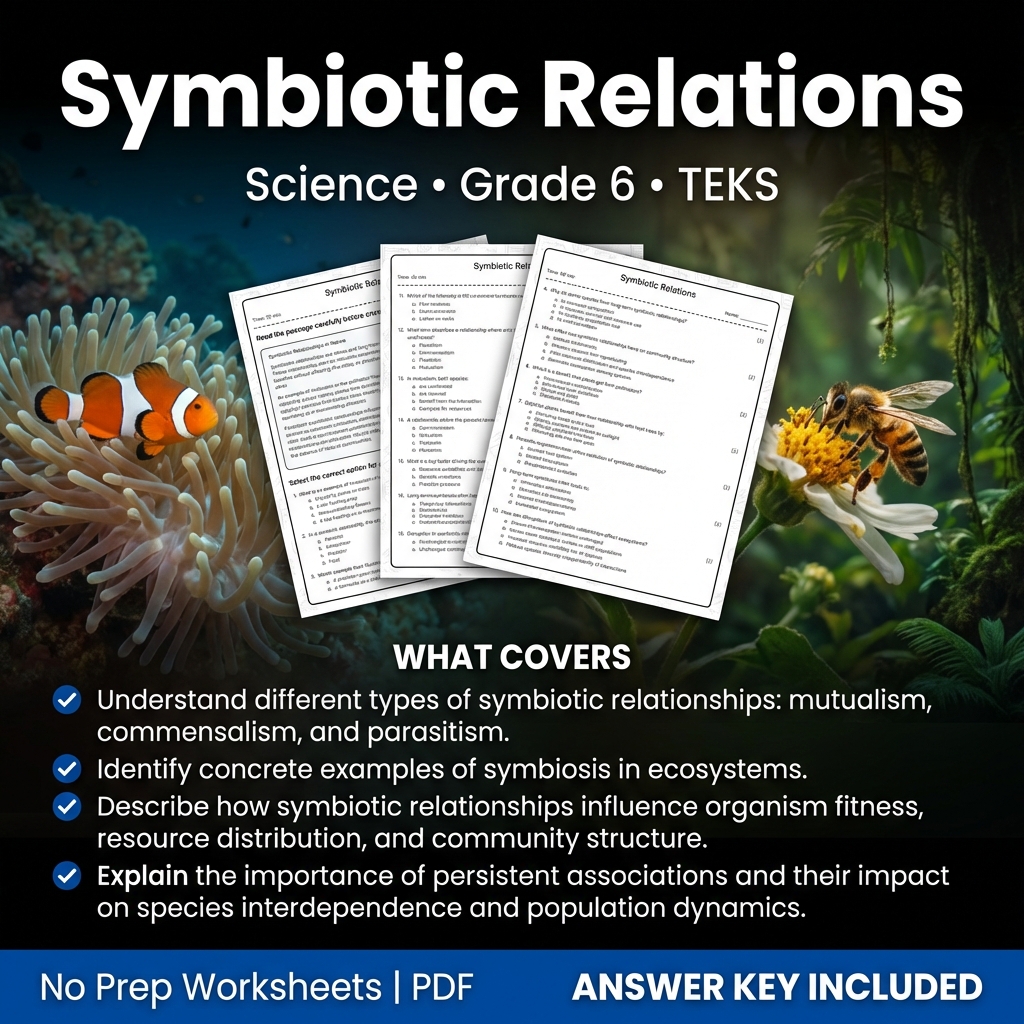 Grade 6 Science Worksheet on Symbiotic Relations – Standard TEKS Practice
