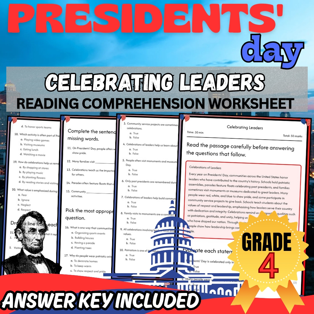 Grade 4 | Presidents' Day for Mastering Understanding Leaders | PDF + Answer Key