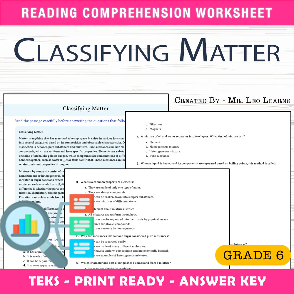 Grade 6 Science worksheet worksheet — Grade 6 Science – Classifying Matter Worksheet for Mastery — page 1