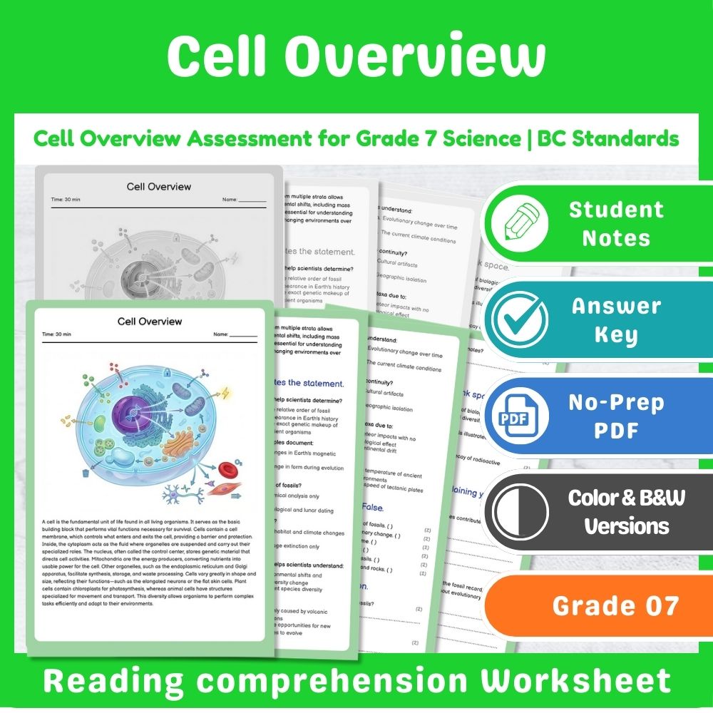 Grade 7 Science | Cell Functions & Organization Assessment – Standards-Aligned — included worksheet 5