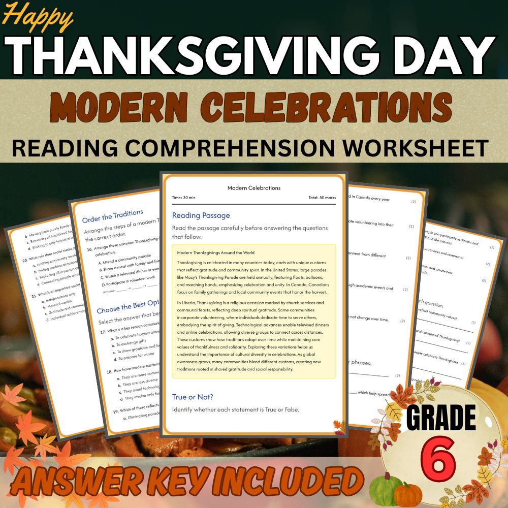 Grade 6 |Happy Thanksgiving Worksheet for Cultural Celebrations|PDF + Answer Key