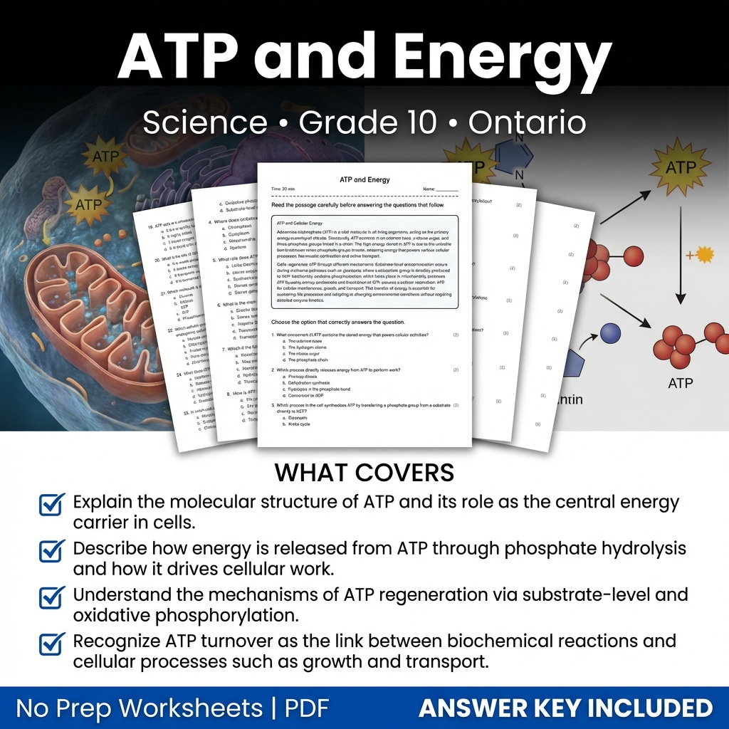 ATP and Energy Worksheet for Grade 10 Science | Ontario Standards Practice