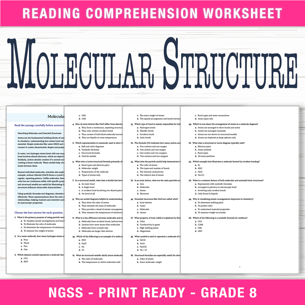Grade 8 Science worksheet worksheet — Grade 8 Science – Molecular Structure Worksheet (PDF + Answer Key) — page 1