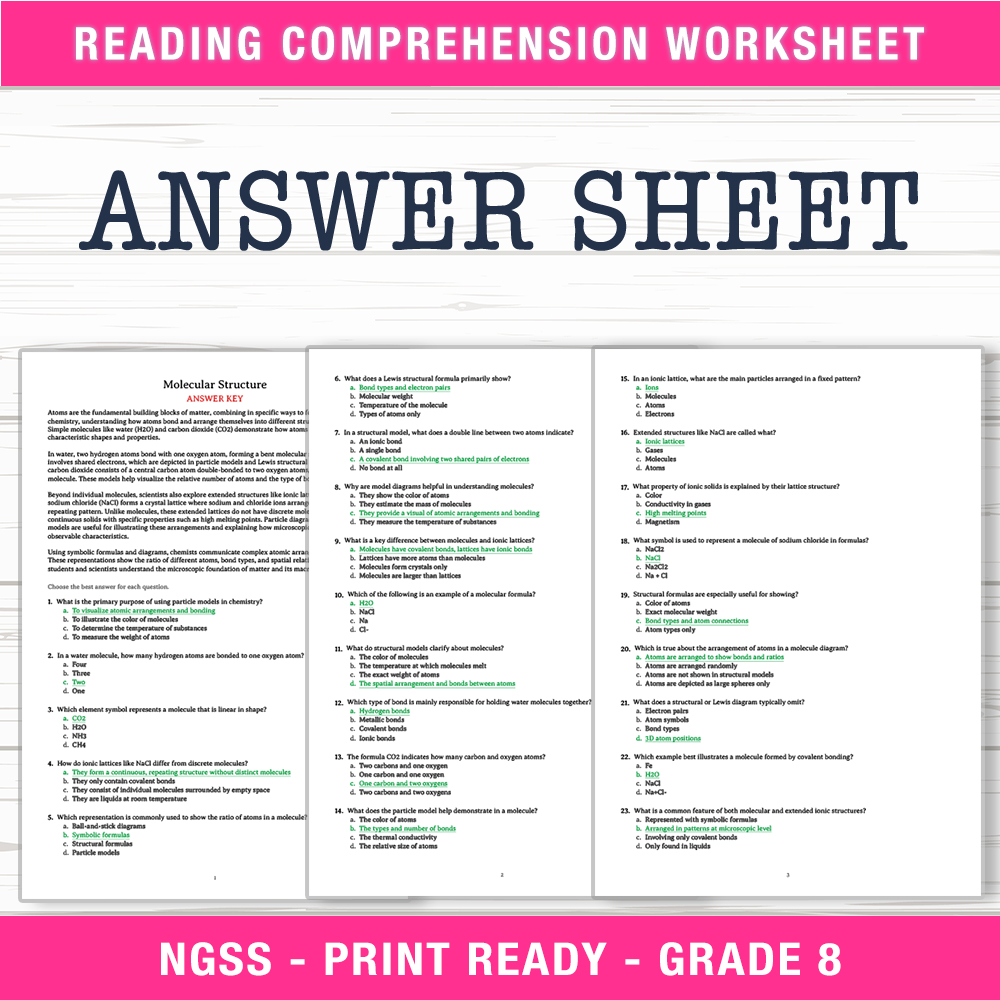 Grade 8 Science worksheet worksheet — Grade 8 Science – Molecular Structure Worksheet (PDF + Answer Key) — page 2