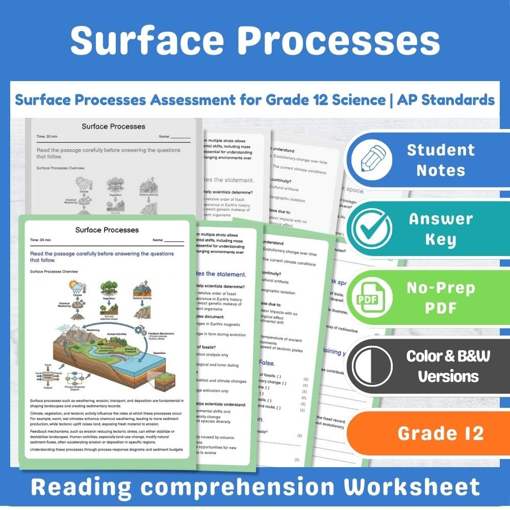Grade 12 Science assessment worksheet — Surface Processes Assessment for Grade 12 Science | AP Standards — page 1