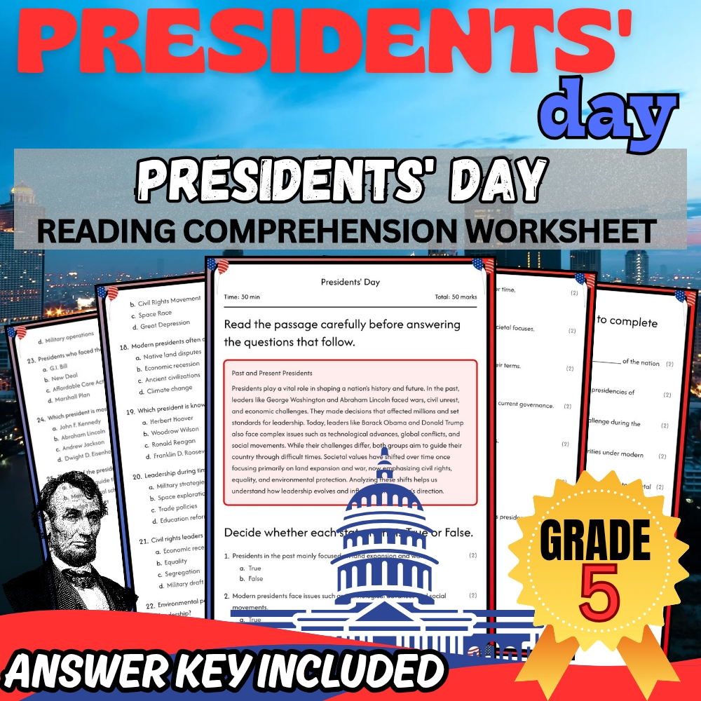 Grade 5 Presidents' Day Unit Bundle | Holiday & Civic Leadership Worksheets — included worksheet 1