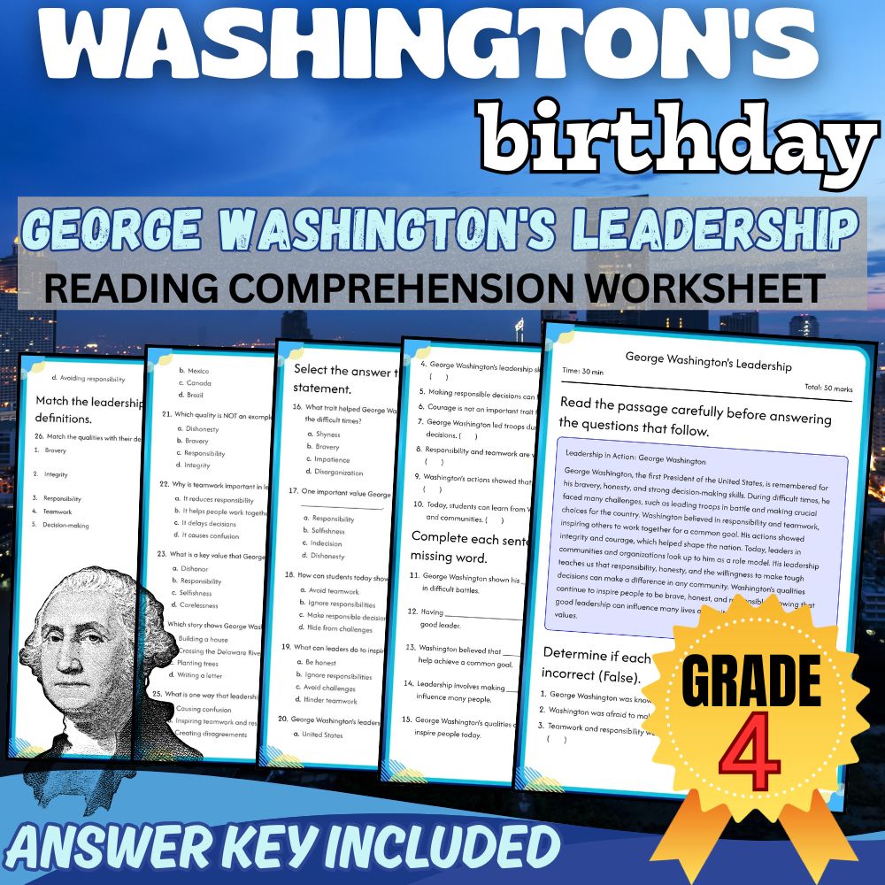 Grade 4 | George Washington's Leadership Worksheet for Mastery|PDF+Answer Key