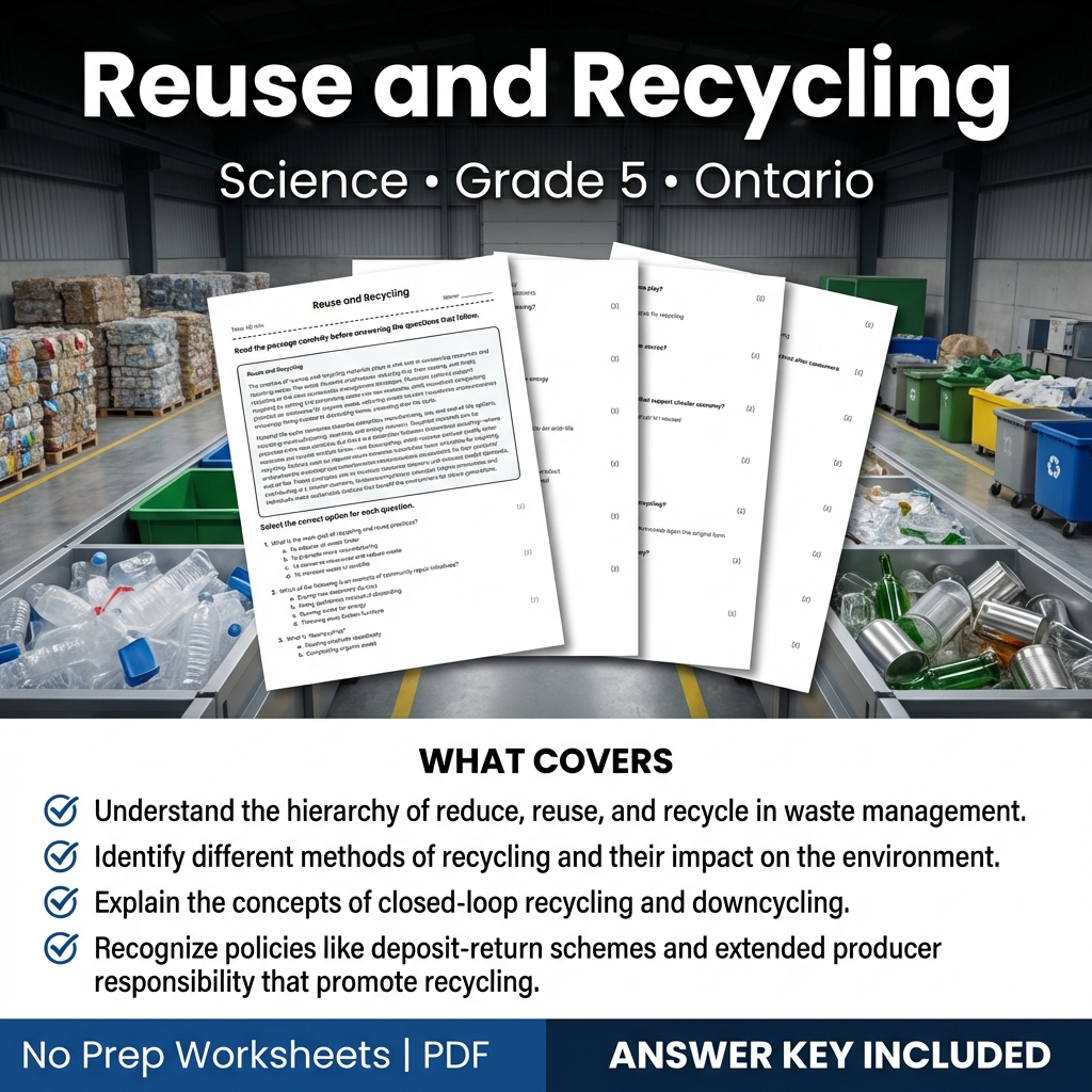 Grade 5 Science Worksheet on Reuse and Recycling | Ontario Standards