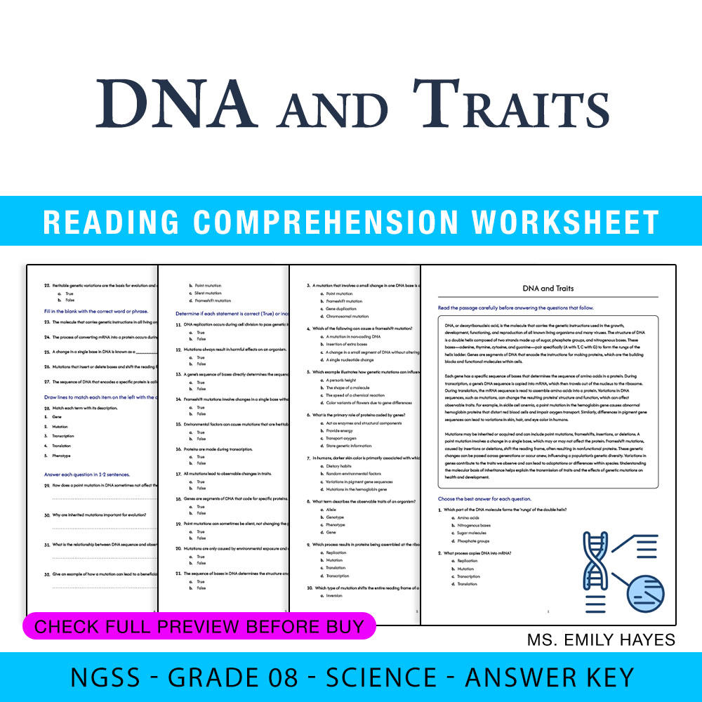Grade 8 Science worksheet worksheet — 8th Grade Science | DNA and Traits Worksheet (PDF+ Answer Key) — page 1