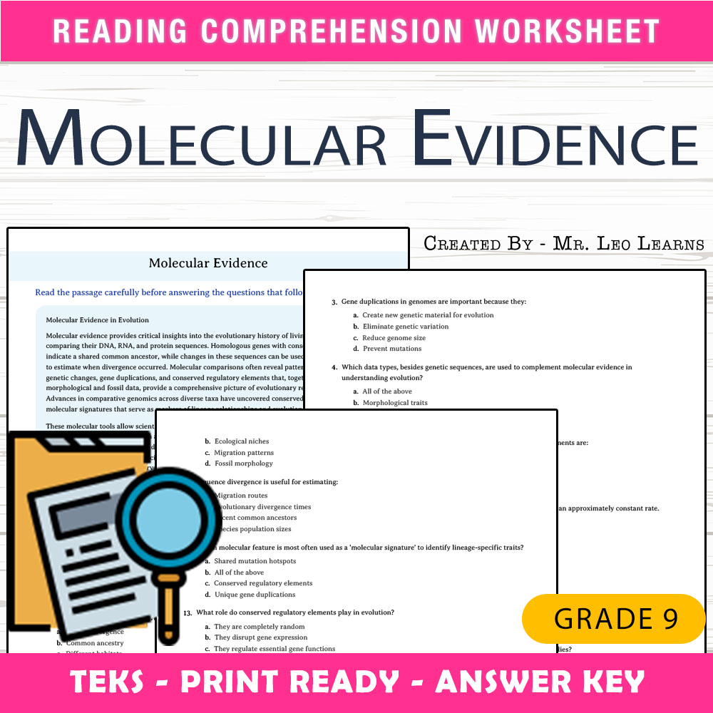 Grade 9 Science worksheet worksheet — Grade 9 Science — Molecular Evidence Worksheet for Mastery — page 1