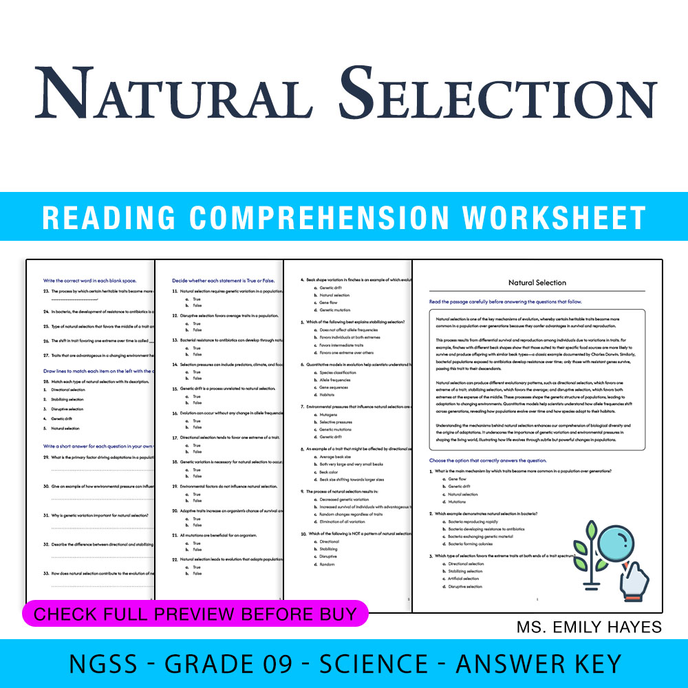 Grade 9 Science worksheet worksheet — 9th Grade Science | Natural Selection Worksheet (PDF+ Answer Key) — page 1