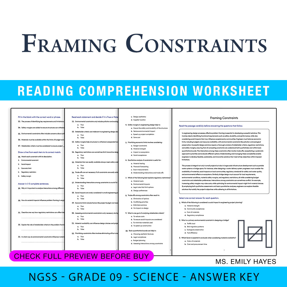 Grade 9 Science worksheet worksheet — 9th Grade Science | Framing Constraints Worksheet (PDF+ Answer Key) — page 1