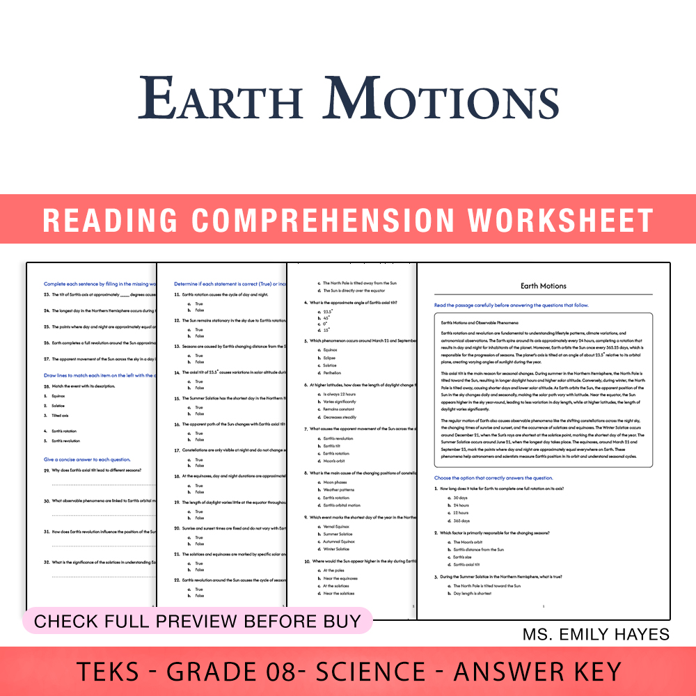 Grade 8 Science worksheet worksheet — 8th Grade Science | Earth Motions Worksheet (PDF+ Answer Key) — page 1