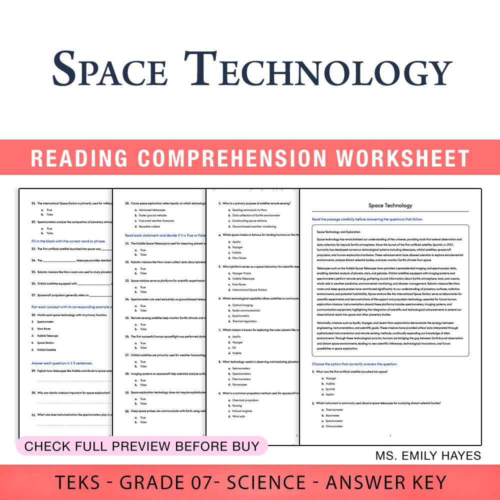 Grade 7 Science worksheet worksheet — 7th Grade Science | Space Technology Worksheet (PDF+ Answer Key) — page 1