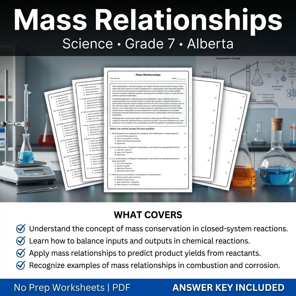 Mass Relationships Worksheet for Grade 7 Science Alberta Standards