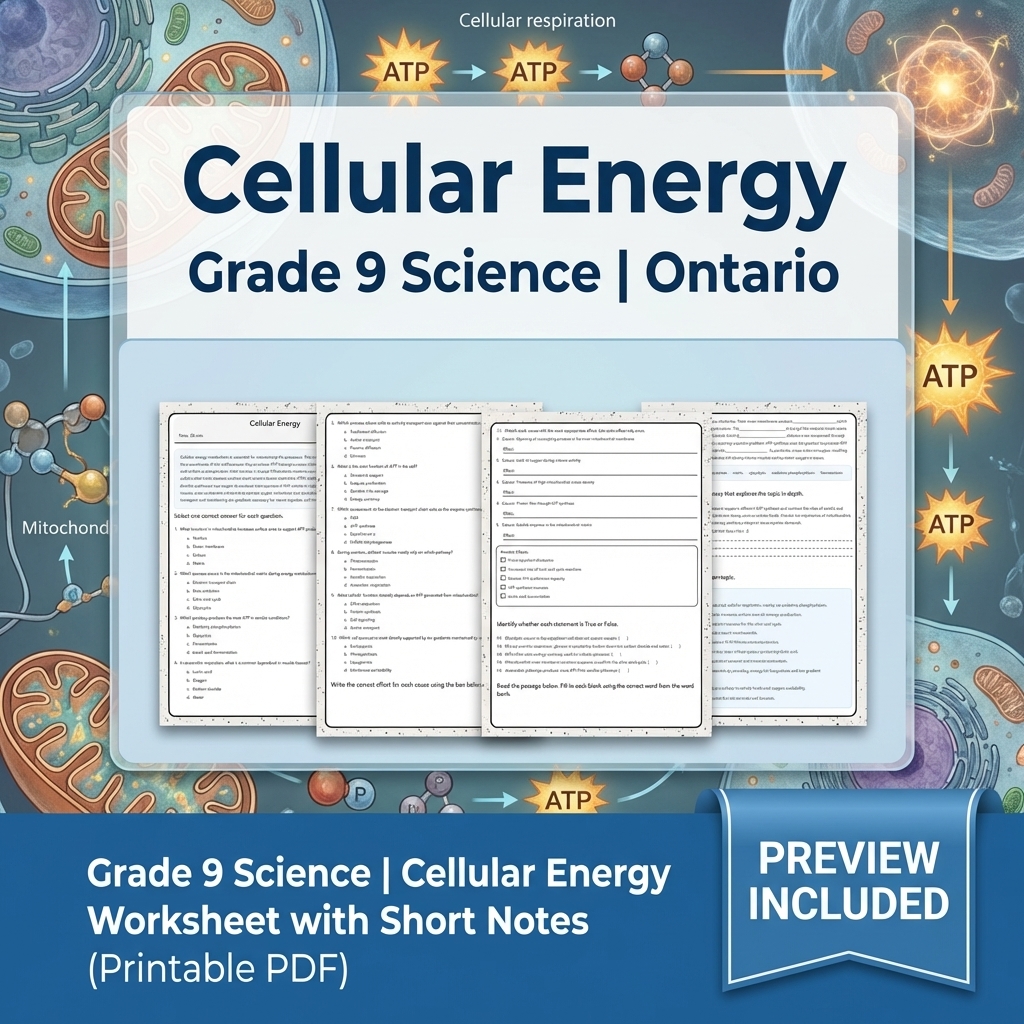 Grade 9 Science | Cellular Energy Worksheet with Short Notes (Printable PDF)