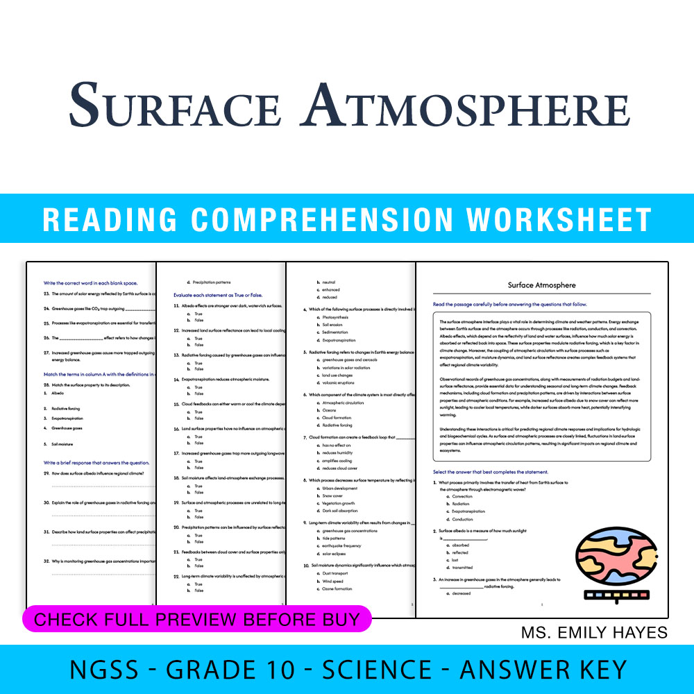 Grade 10 Science — worksheet — Grade 10 Science | Surface Atmosphere Worksheet (PDF+ Answer Key) — page 1
