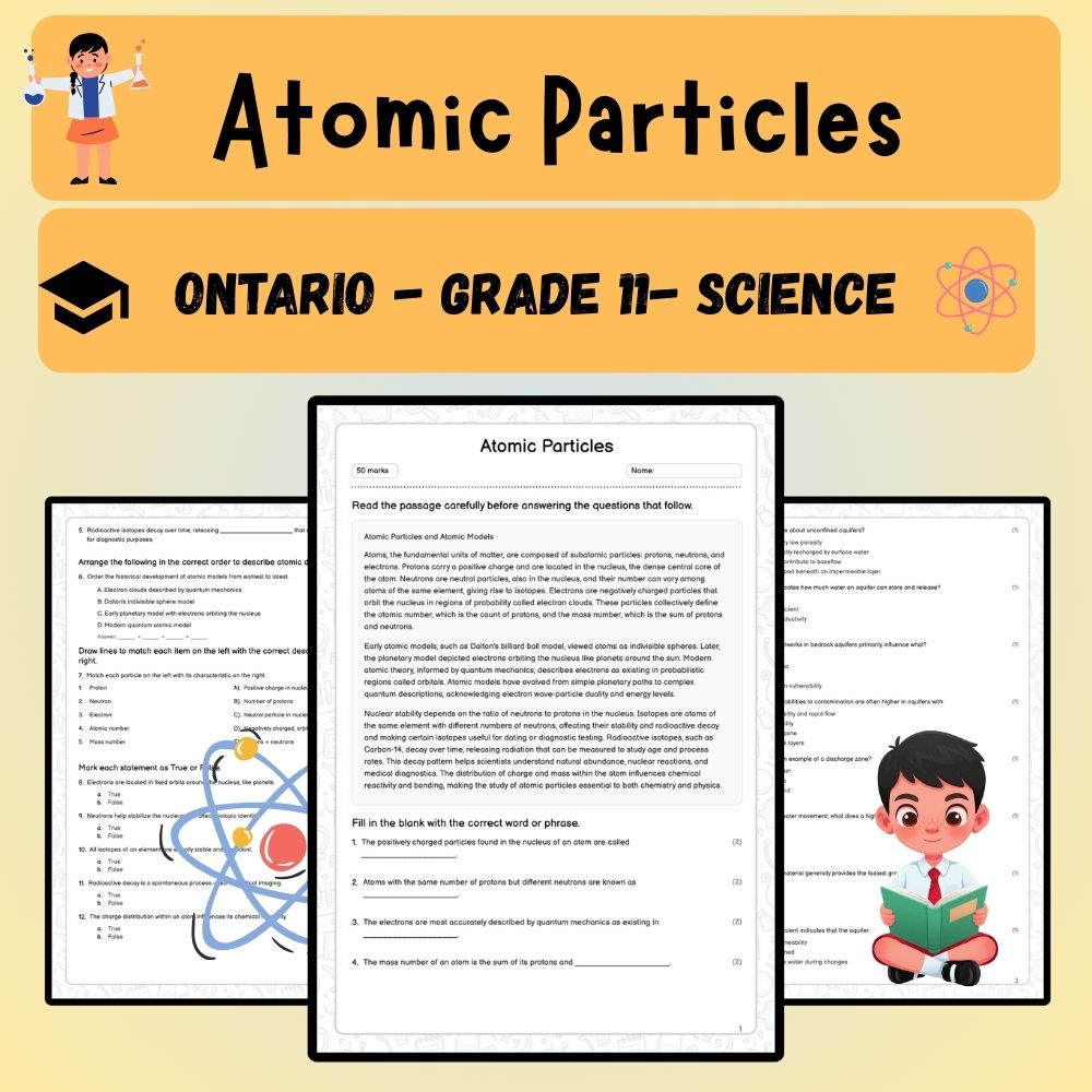 Grade 11 Science worksheet worksheet — Grade 11 Science | Atomic Particles Worksheet (Answer Key) - Ontario Standard — page 1