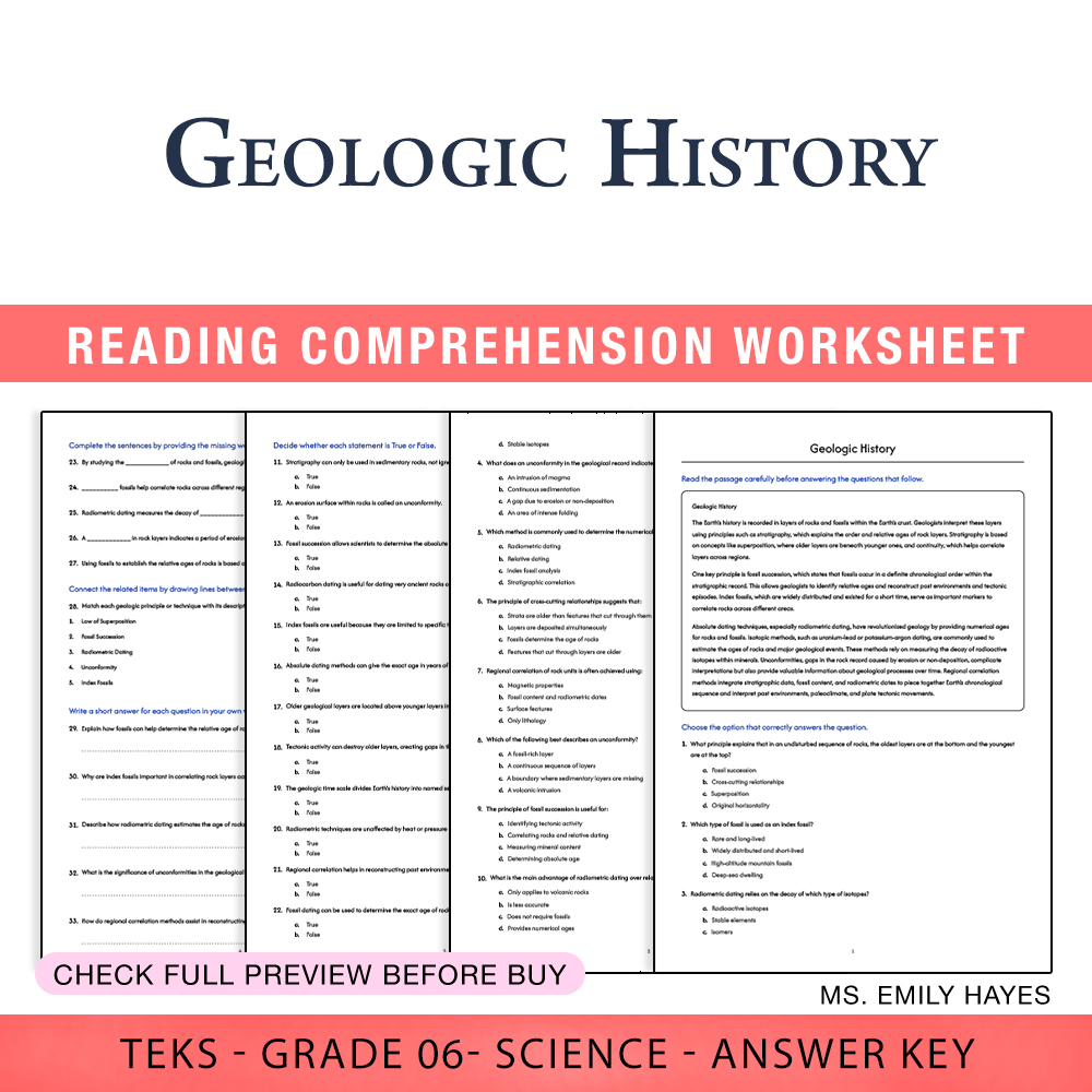 Grade 6 Science worksheet worksheet — 6th Grade Science | Geologic History Worksheet (PDF+ Answer Key) — page 1