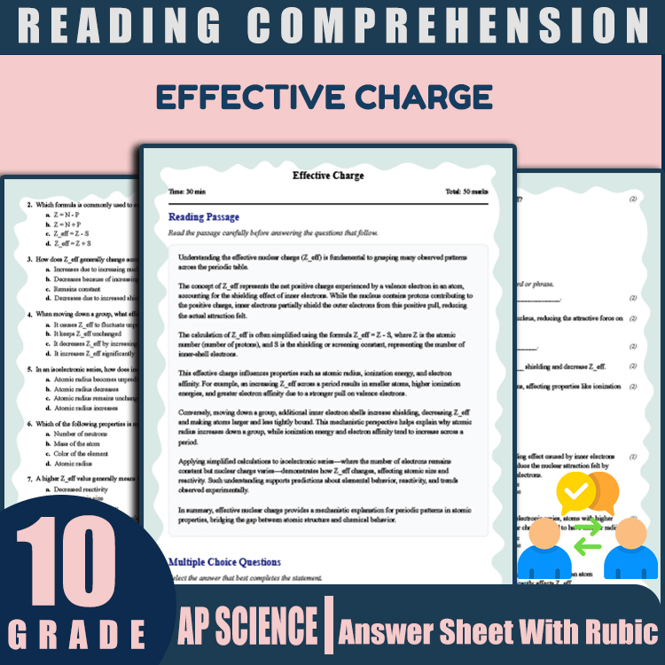 Grade 10 Science reading worksheets worksheet — 10th Grade Science | Effective Charge Reading Worksheet with Answer Key (P…