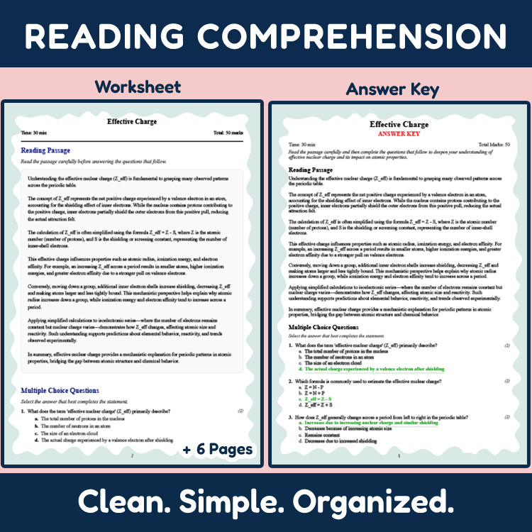 Grade 10 Science reading worksheets worksheet — 10th Grade Science | Effective Charge Reading Worksheet with Answer Key (P…