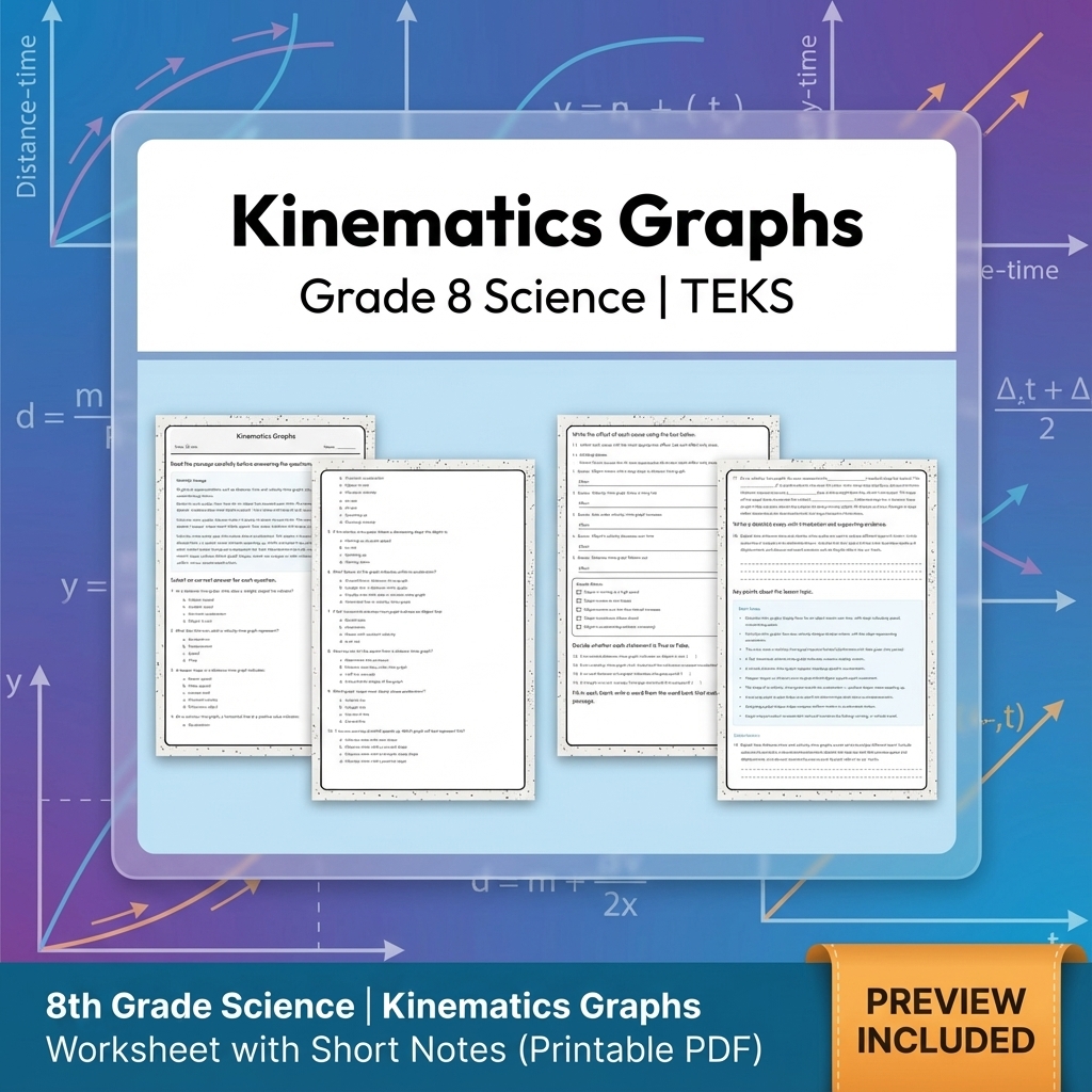 8th Grade Science | Kinematics Graphs Worksheet with Short Notes (Printable PDF)