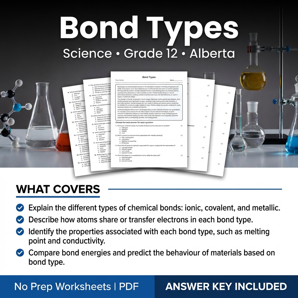 Grade 12 Science Worksheet on Bond Types | Alberta Standards Practice