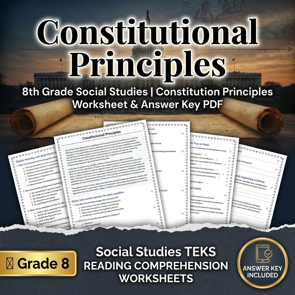 8th Grade Social Studies | Constitution Principles Worksheet & Answer Key PDF