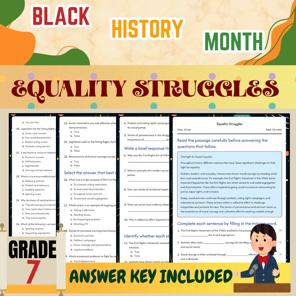 Grade 7 | Seasonal Black Friday Worksheet on Equality Struggles |PDF +Answer Key