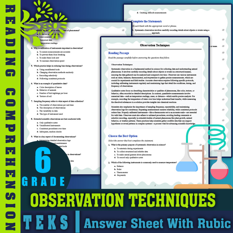 Grade 6 Science reading worksheets worksheet — 6th Grade Science | Observation Techniques Reading Worksheet & Answer Key (…