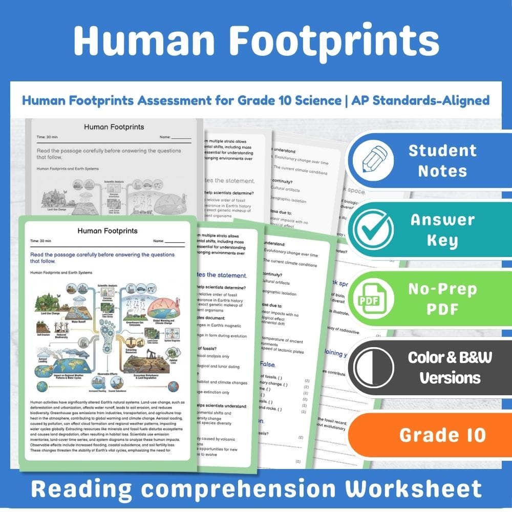 Grade 10 Science assessment worksheet — Human Footprints Assessment for Grade 10 Science | AP Standards-Aligned — page 1