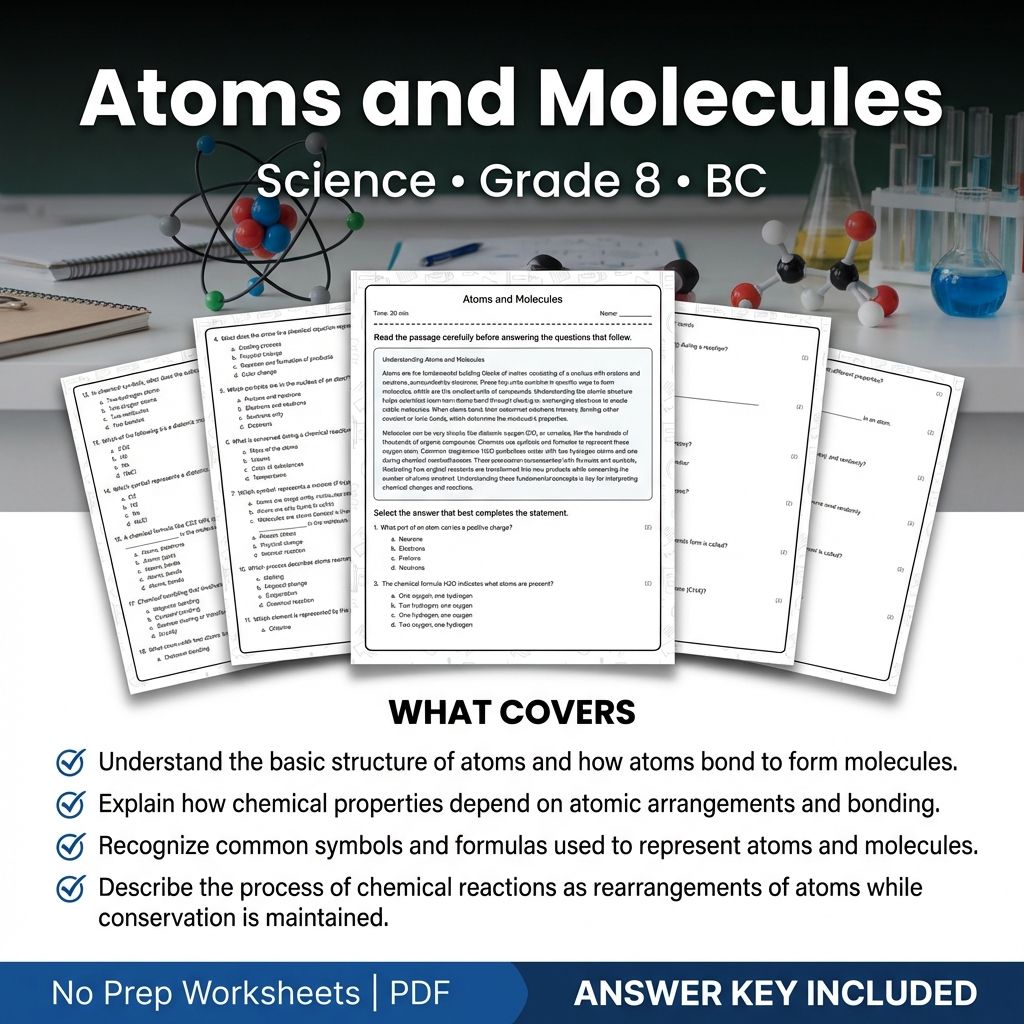 8th Grade Science | Atoms and Molecules Practice Worksheet + Answer Key (PDF)