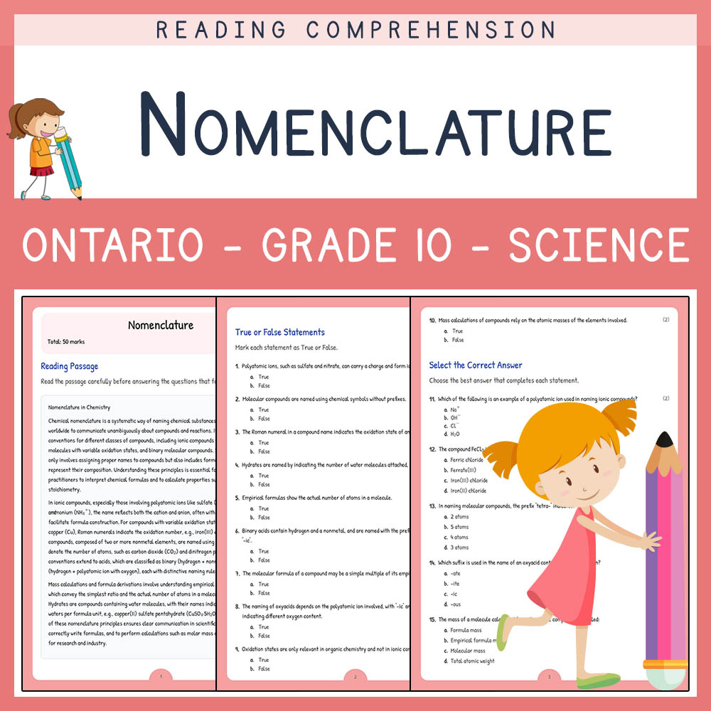 Grade 10 Science worksheet elena worksheet — Grade 10 Science | Nomenclature Worksheet | Ontario Standard — page 1