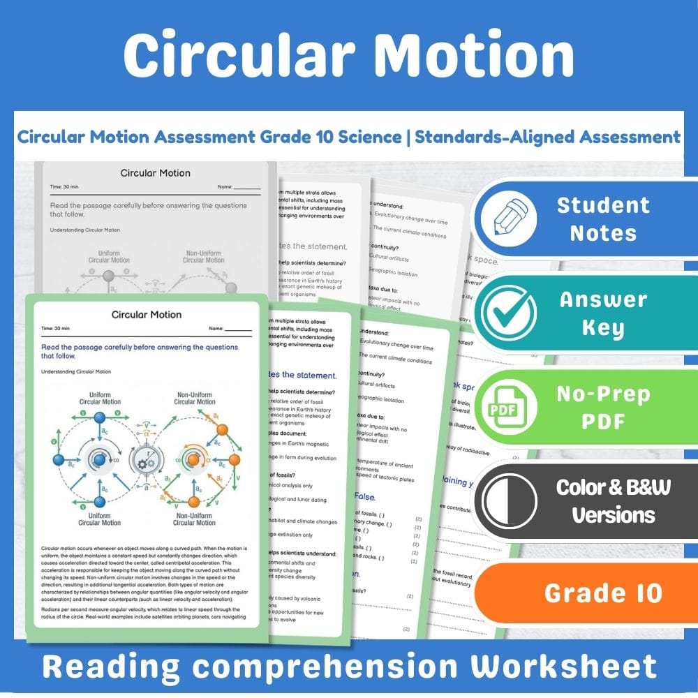 Grade 10 Science assessment worksheet — Circular Motion Assessment Grade 10 Science | Standards-Aligned Assessment — page 1