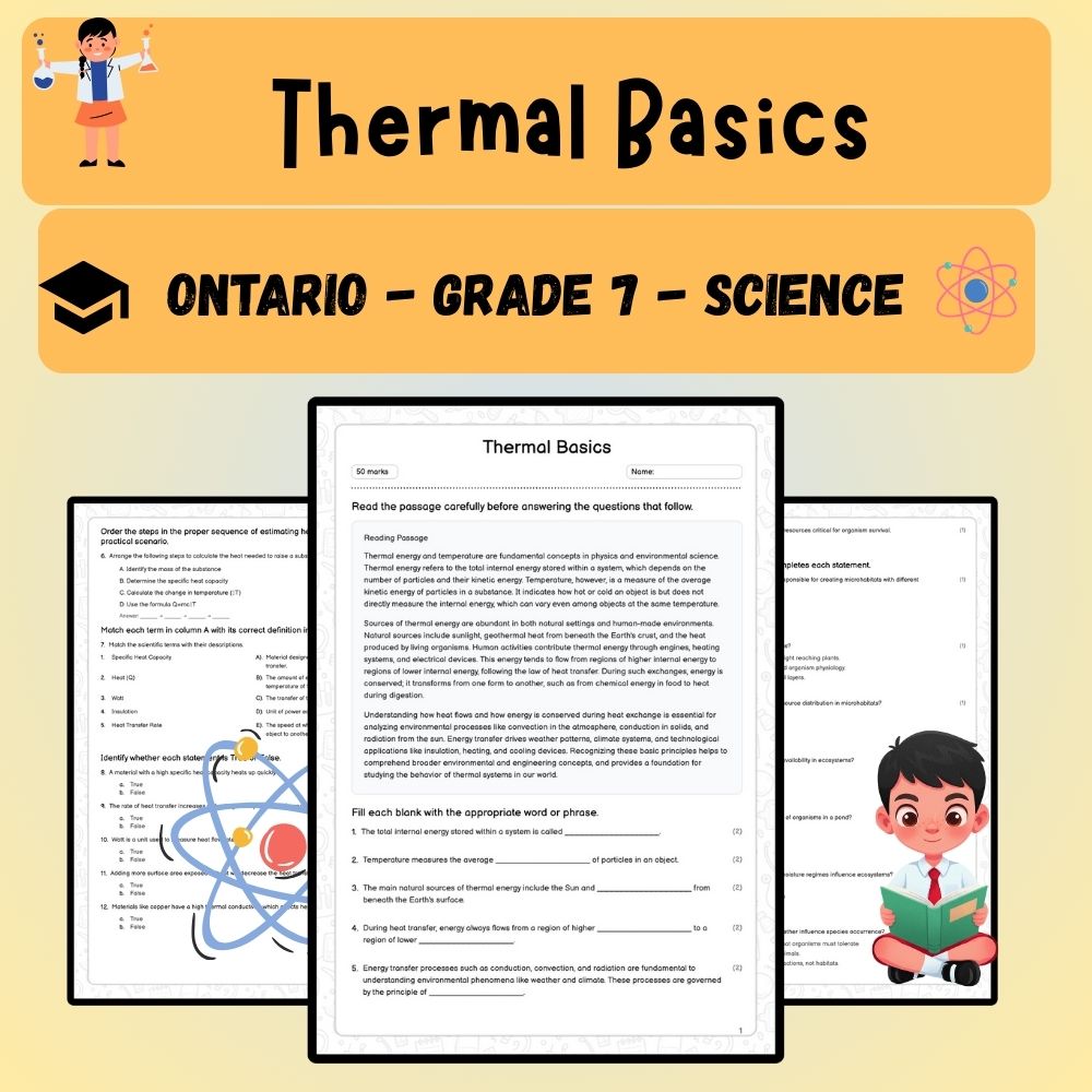 Grade 7 Science worksheet worksheet — Grade 7 Science – Thermal Basics Worksheet (PDF ) – Ontario Standards — page 1