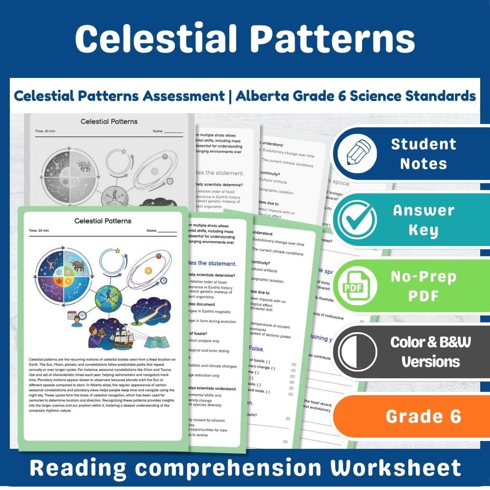 Grade 6 Science assessment worksheet — Celestial Patterns Assessment | Alberta Grade 6 Science Standards — page 1