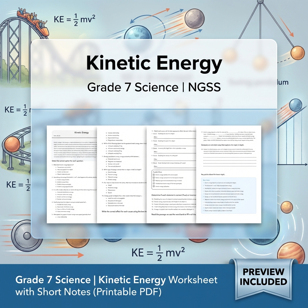 Grade 7 Science Energy  Bundle  Potential, Kinetic & Heat Transfer Worksheets  — included worksheet 2
