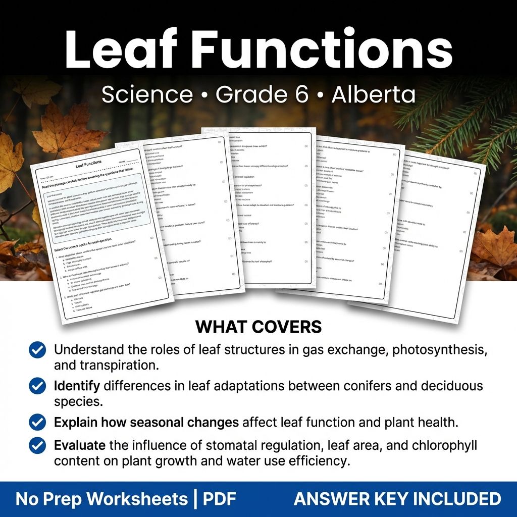Grade 6 Science Leaf Functions Worksheet | Alberta Standards Practice