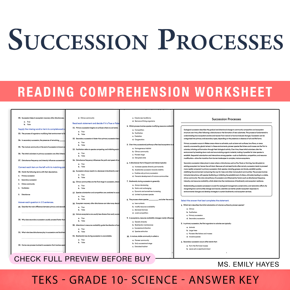 Grade 10 Science worksheet worksheet — 10th Grade Science | Succession Processes Worksheet (PDF+ Answer Key) — page 1