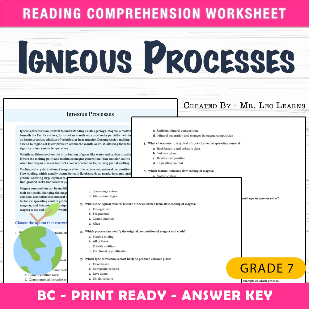 Grade 7 Science worksheet mcq paper worksheet — Grade 7 Science — Igneous Processes Worksheet MCQ Paper — page 1