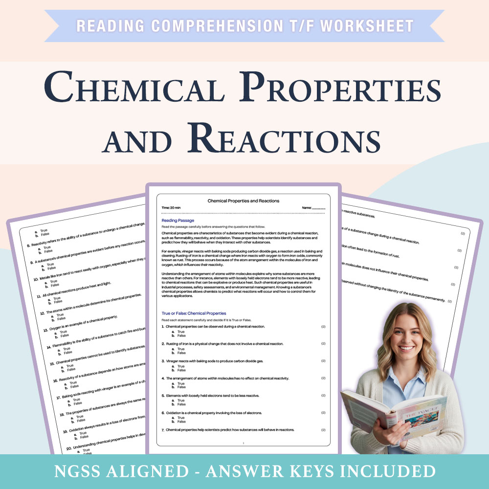 Science reading comprehensions true or false worksheet worksheet — 6th Grade Science |Chemical Properties and Reactions Wo…
