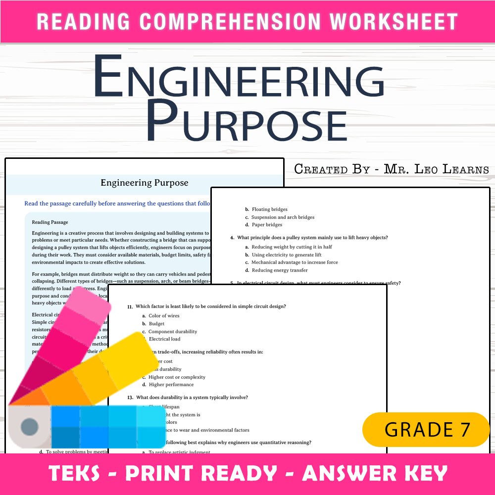 Grade 7 Science worksheet worksheet — Grade 7 Science – Engineering Purpose Worksheet for Mastery — page 1