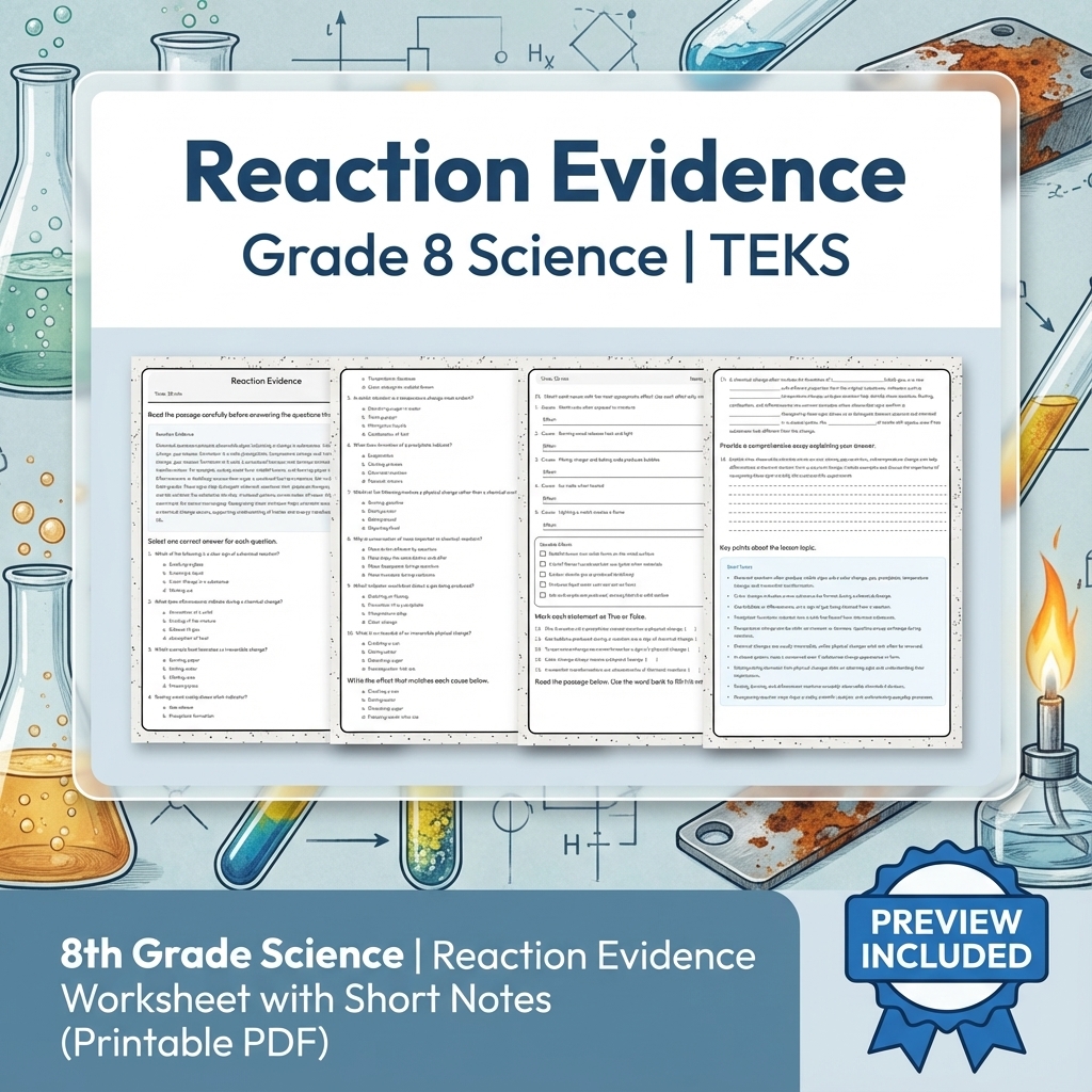8th Grade Science | Reaction Evidence Worksheet with Short Notes (Printable PDF)