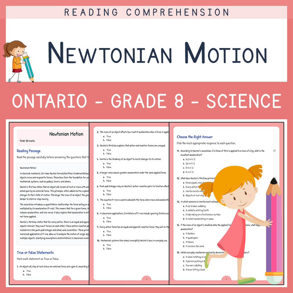 Grade 8 Science worksheet elena worksheet — Grade 8 Science | Newtonian Motion Worksheet | Ontario Standard — page 1