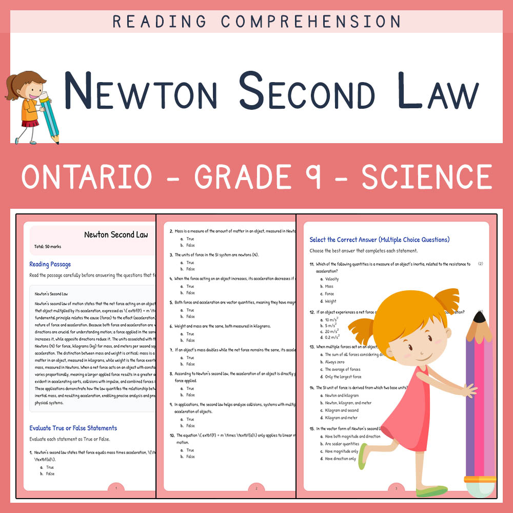 Grade 9 Science worksheet elena worksheet — Grade 9 Science Assessment | Newton Second Law Worksheet | Ontario — page 1