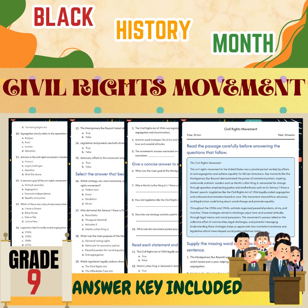 Grade 9 seasonal |Civil Rights Movement Worksheet for Mastery | PDF + Answer Key