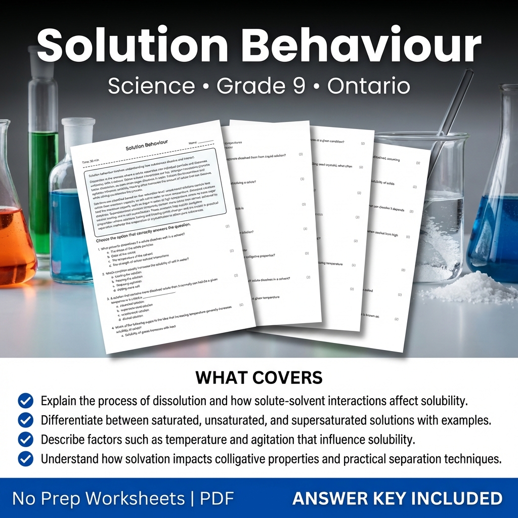 Solution Behaviour Worksheet | Ontario Grade 9 Science Standard